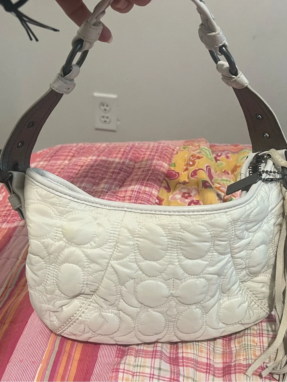 Coach White Leather Shoulder Bag with Tassel and Braided Strap